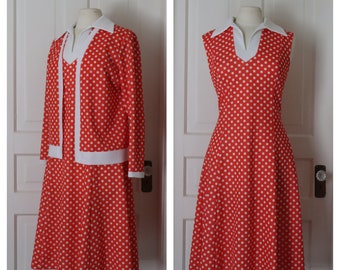 Vintage 70's 2pc Polka Dot Dress Set - Mod Orange n White Dress n Jacket Set - 1970's Day Dress Set