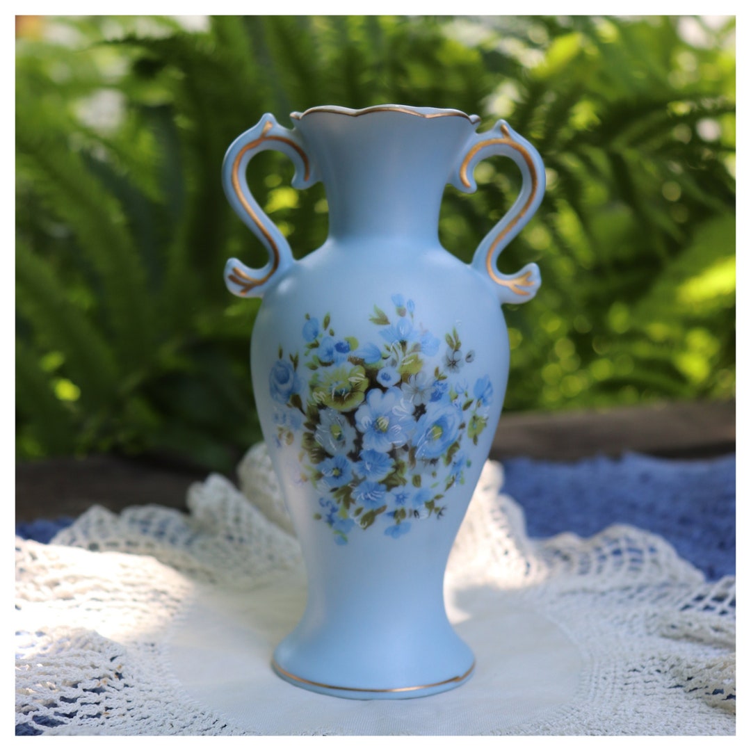 1960's Blue Floral Vase Country Cottage Floral Porcelain Etsy