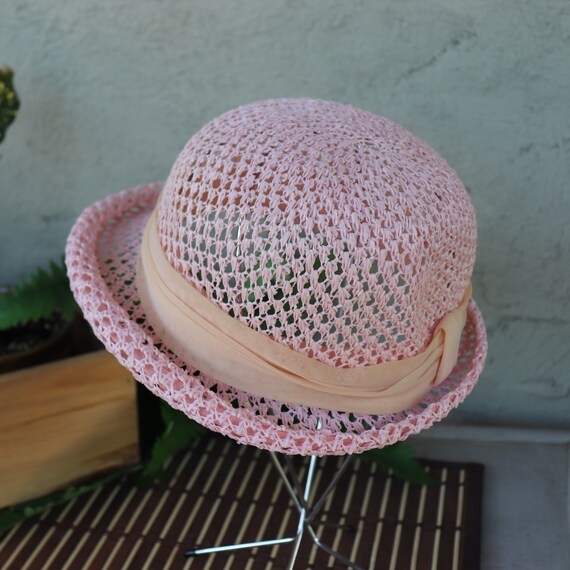 1980's Pink Raffia Hat - Wide Rim Summer Hat - Vi… - image 4