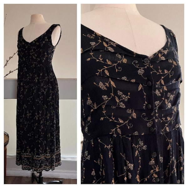 Black Floral Rayon Crepe Sundress - 1990's Golden Yellow n Black Sleeveless Summer Dress - Vintage Jessica Dress by Sears