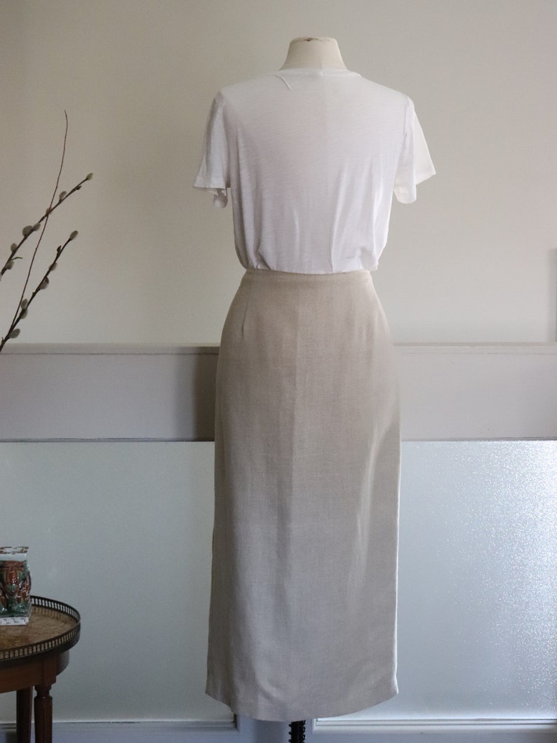 1980/'s Light Beige Linen Wrap Skirt by Daniel Hechter Canada Vintage 80/'s Midi Length Fully Lined Wrap Skirt with Fringe.