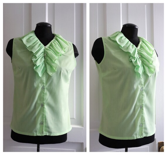 1960's Ruffled Pistachio Green Sleeveless Blouse.