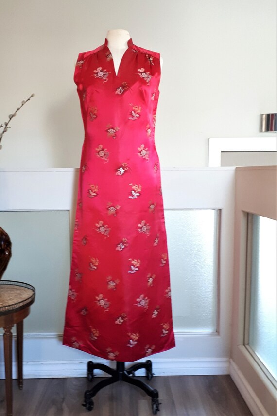 Vintage Red Satin Oriental Maxi Dress -1980's Red Flo - Gem