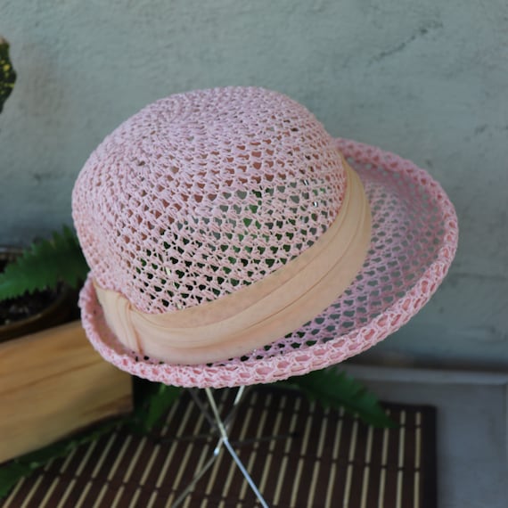 1980's Pink Raffia Hat - Wide Rim Summer Hat - Vi… - image 1