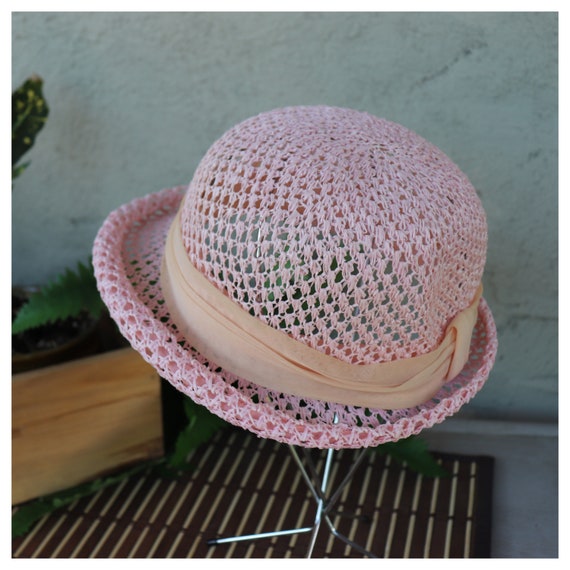 1980's Pink Raffia Hat - Wide Rim Summer Hat - Vi… - image 2
