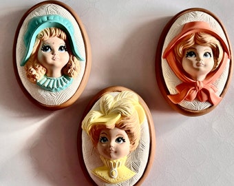 Handmade 70's Three Girl Wall Hangings - Ceramic 3D Oval Baby Blue, Yellow and Melon Young Girl Wall Decor