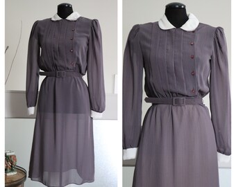 Vintage 80's Joseph Ribkoff Office Dress - Mauve n White Pin-Striped Dress - 1980's Belted n Peter Pan Collar Dress