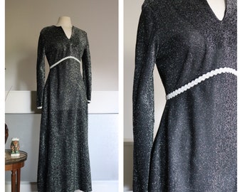 Vintage 70's Black n Silver Maxi Dress - Lurex Long Sleeve Cocktail Dress - 1970's Sheer n Shimmering Evening Dress