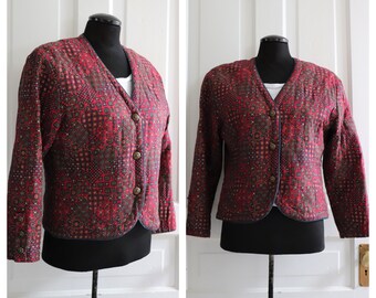 Vintage 80's TuEllys Burgandy Red Quilted Floral Jacket - Vintage 80's Spring/Fall Prairie Style Jacket - TuEllys Canada