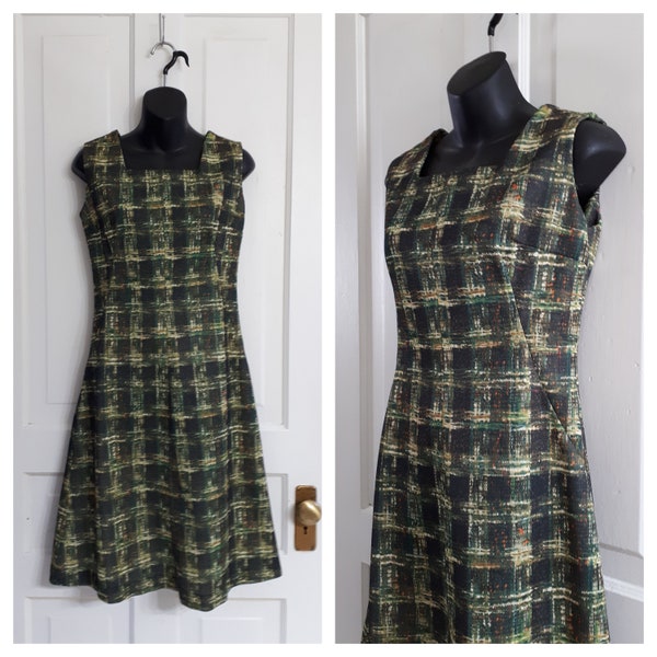 1960's Sleeveless Green Scooter Dress - Handmade Mod Abstract Patterned Dress