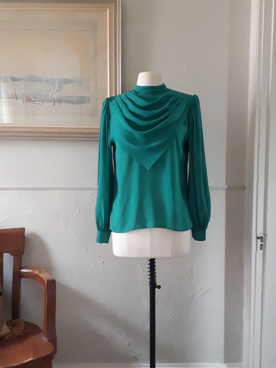 Vintage 80's Emerald Green Blouse - Sears Shawl C… - image 1