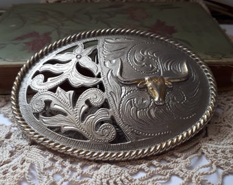 Vintage Unisex Texas Longhorn Belt Buckle - Silver Floral Ladies Belt Buckle - Vintage Mens Western Belt Buckle - Cowboy Belt Buckle