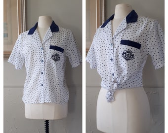 Vintage 80's Blue n White Polka Dot Blouse - 1980's Button Up Short Sleeve Blouse - Spring/Summer Top