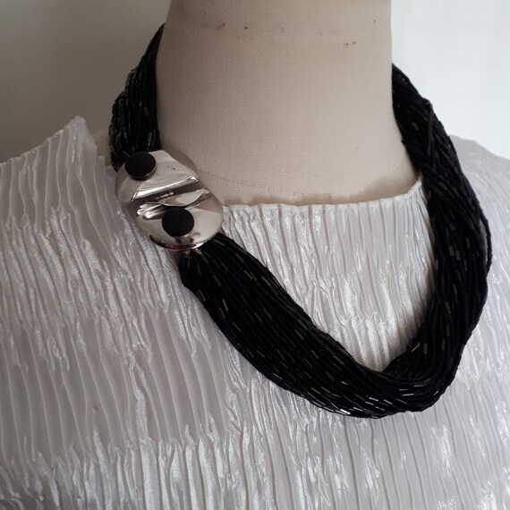 1980's Black Multi Strand Glass Beaded Necklace -… - image 1