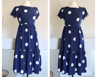 Vintage Blue n White Polka Dot Dress - Midi Length Dress with a Ruffled Hemline - Y2K Polka Dot Dress