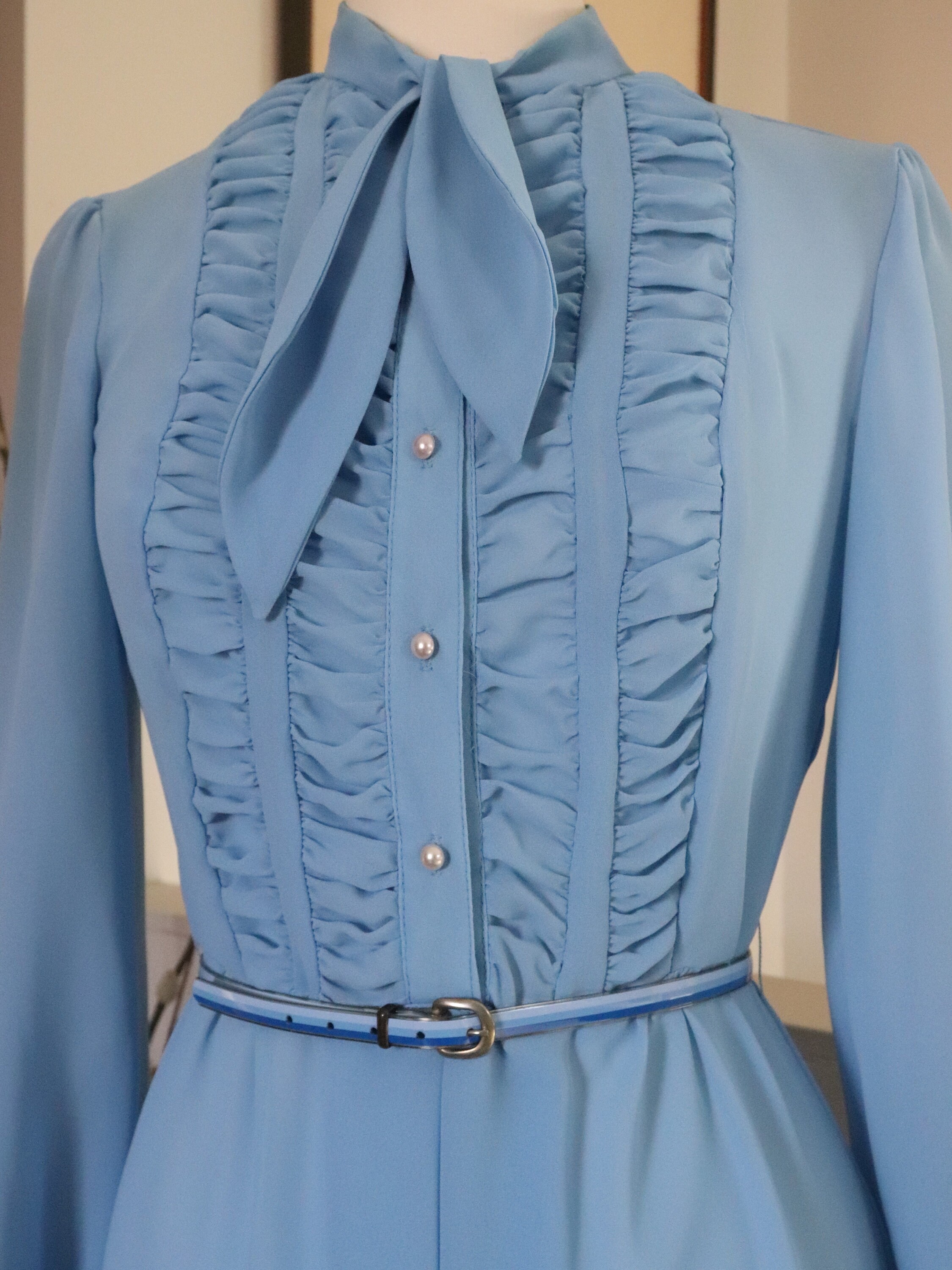 Spring Light Blue Belted Dress Vintage Sheer Chiffon Button Up n Bowtie Dress 1980's Soft Blue Ruffled Tuxedo Dress