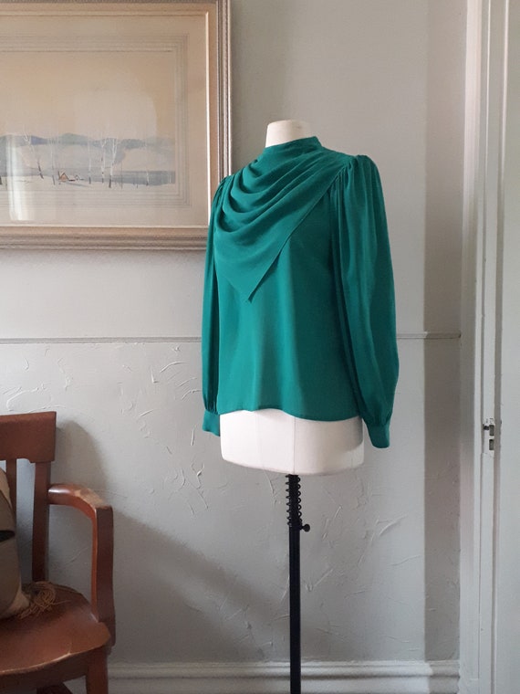 Vintage 80's Emerald Green Blouse - Sears Shawl C… - image 2