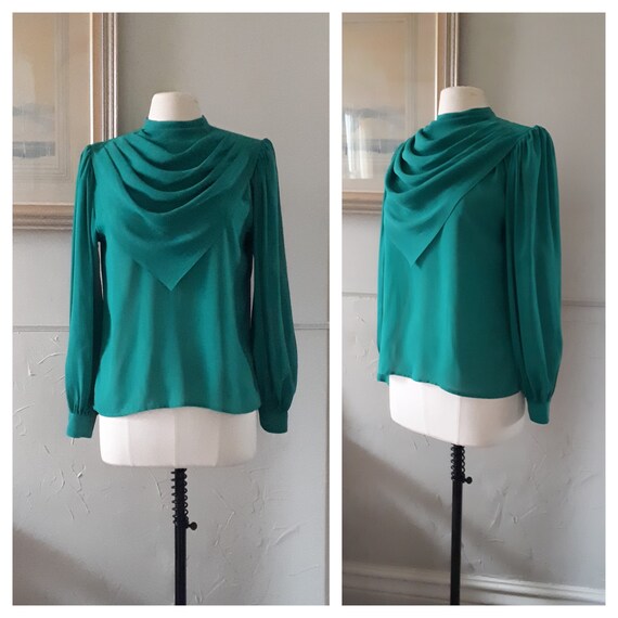 Vintage 80's Emerald Green Blouse - Sears Shawl C… - image 9