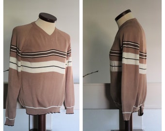 1970's Fall Varsity Style Sweater - Vintage V-Neck Sweater - 70's Brown Stripped Sweater - Vintage Unisex Sweater - Vintage 70s Sweater