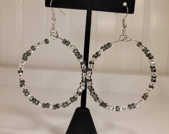 Gray Beaded Hoop Earrings