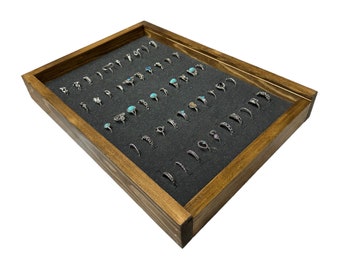 Wooden Ring Display Tray: 50-Slot Foam Insert, Sliding Lid - Available With Display Stand
