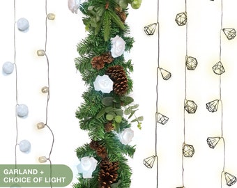 6ft Artificial Christmas Garland with Lights for Mantel Decor | Holiday Garland Decoration Faux Mixed Pine Cone Eucalyptus Greenery Garland