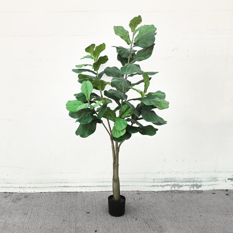 May include: An artificial fiddle leaf fig tree with large, vibrant green leaves. The plant has a brown trunk and is potted in a black container. The tree stands against a white wall and a grey concrete floor.