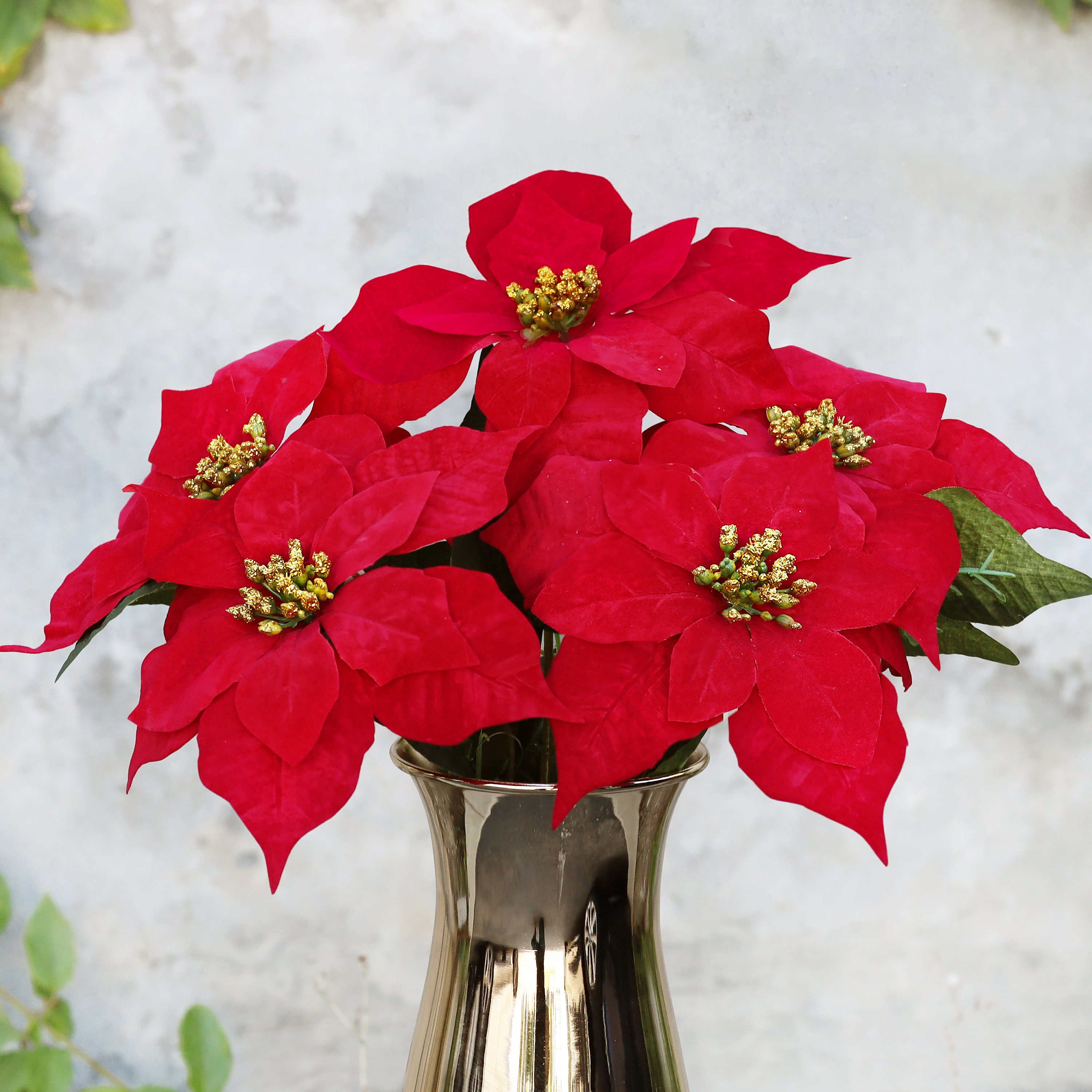 CITYES 2 Pcs Poinsettias Artificial Christmas Flowers Red Poinsettia Bushes  with Glitter Gold Ornaments Fake Silk Poinsettia Flowers Velvet Bouquet