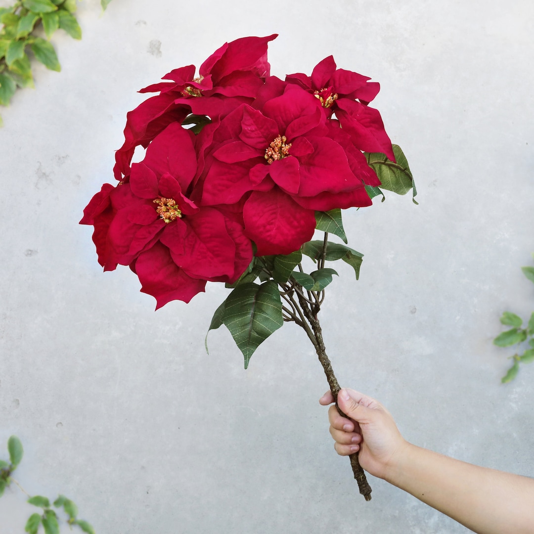 Set of 2 | 24in Artificial Christmas Poinsettia Flower Bush | Faux ...