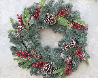 Artificial Christmas Wreath for Front Door Window | Holiday Wreath Decoration | Faux Frosted Pine Wreath with Berry and Pine Cones 24in