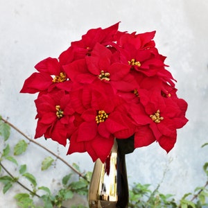 Set of 2 | 20in Artificial Christmas Poinsettia Flower Bush | Faux Christmas Flower Stem Spray Bouquet Red Velvet Poinsettia Holiday Flower