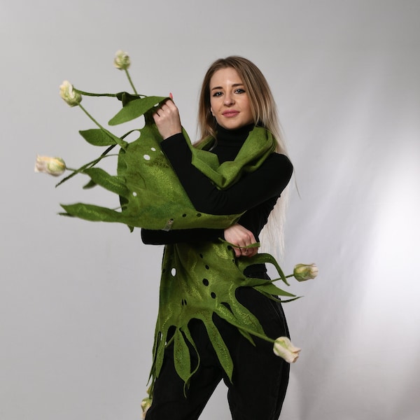 Green felt flower women scarf, scarf with white tulips , felt flower bouquet.