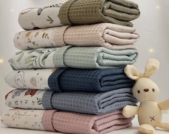 Soft 100% Cotton Baby Blankets, Handmade in Europe, Premium Waffle Cotton, Soft Lightweight Newborn Blanket, Embroidered Name Christmas Gift