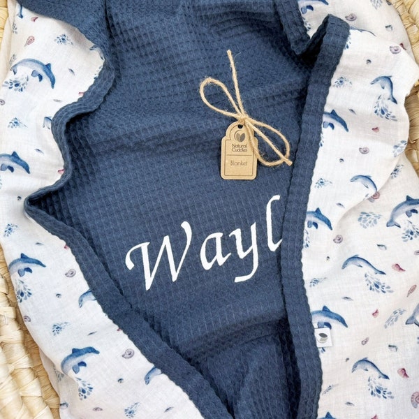 Embroidered Personalized Ocean Themed baby blanket boy Waffle baby blanket with name Baby boy Unique Christmas gift, Unique Newborn gift