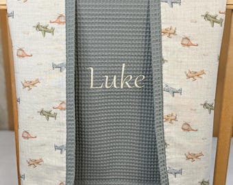 Personalized Baby Boy Blanket - Waffle & Muslin Baby Blanket with name, New Mom Gift, Keepsake Blanket, Plane Aircraft Nursery