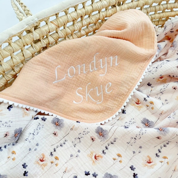 Personalised Baby Pom Pom Blanket from Organic cotton Baby gift for newborn Baby receiving blanket Embroidered Super soft baby wrap