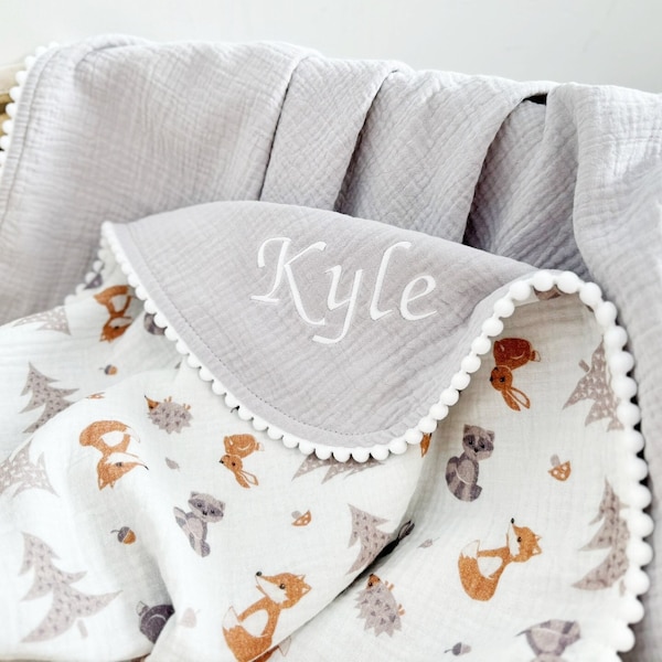 Fox blanket baby pom pom swaddle, Newborn receiving crib blanket, Custom baby blanket Summer Organic Muslin cotton