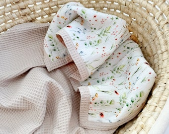 Spring Custom Baby Waffle Blanket, Beige Newborn name Blanket, Organic Muslin Swaddle or crib blanket