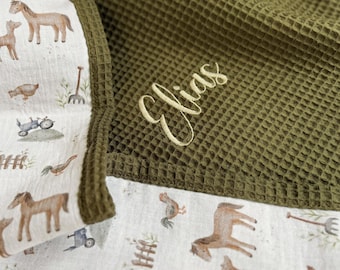 Personalized Baby Blanket – Waffle and Muslin Cotton – Newborn Gift, Farm Animal Baby Shower Gift, Embroidered Keepsake Blanket