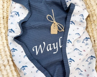 Geborduurd gepersonaliseerde babydeken met oceaanthema jongen Wafelbabydeken met naam Babyjongen Uniek kerstcadeau, uniek pasgeboren cadeau