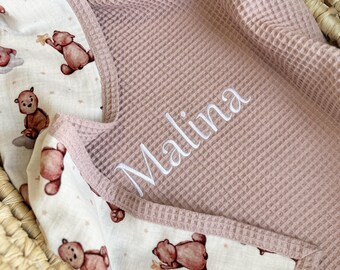 Personalized Organic Cotton blanket - Muslin & Waffle Baby Blanket - Baby Girl blanket - Teddy Bear Nursery - Custom Keepsake Gift