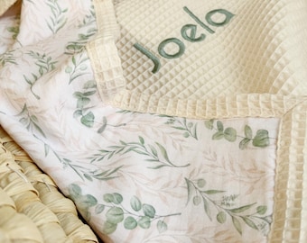 Soft Organic Muslin Baby Blanket – Embroidered Name Muslin Blanket, Eucalyptus Design, Stroller Blanket, Lightweight Summer Blanket