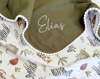 Embroidered Name Baby Gift - Organic Muslin Swaddle Blanket - New Mom Gift - Safari Nursery -Lightweight Summer Blanket