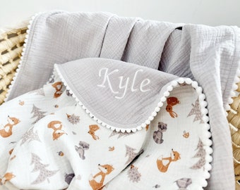 Fox blanket baby pom pom swaddle, Newborn receiving crib blanket, Custom baby blanket Summer Organic Muslin cotton