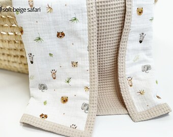 Safari Themed Newborn blanket, Natural baby blanket, Organic cotton baby blanket, Light Breathable two-layer baby blanket, Embroidered wrap