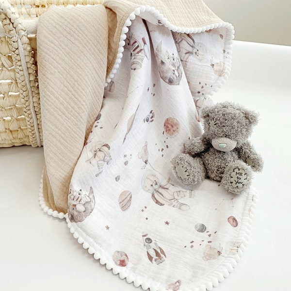 Bear Baby Blanket from Newborn receiving Crib blanket Custom baby Pom Pom blanket Organic Muslin cotton swaddle