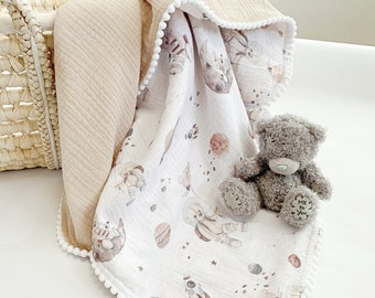 Manta de bebé de oso de recién nacido que recibe manta de cuna Manta de pompón de bebé personalizada Envoltura de algodón de muselina orgánica