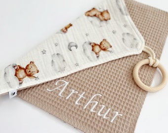 Pacifer clip personalized. Wooden teether comforter. Organic cotton Baby Gift