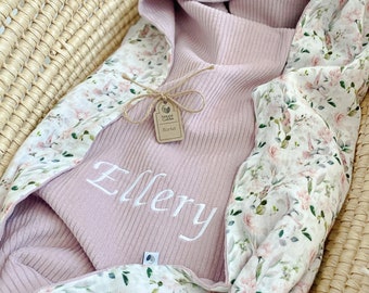Velvet baby girl custom blanket. Luxury baby gift receiving name blanket. Embroidered with organic muslin cotton.