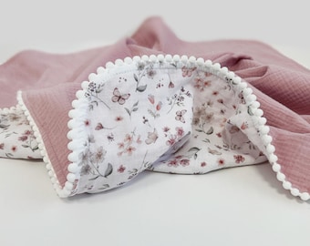 Floral Organic Muslin Swaddle Blanket with Embroidered Name, Personalized Muslin Baby Blanket, Custom Name Newborn Gift, Butterfly Blanket